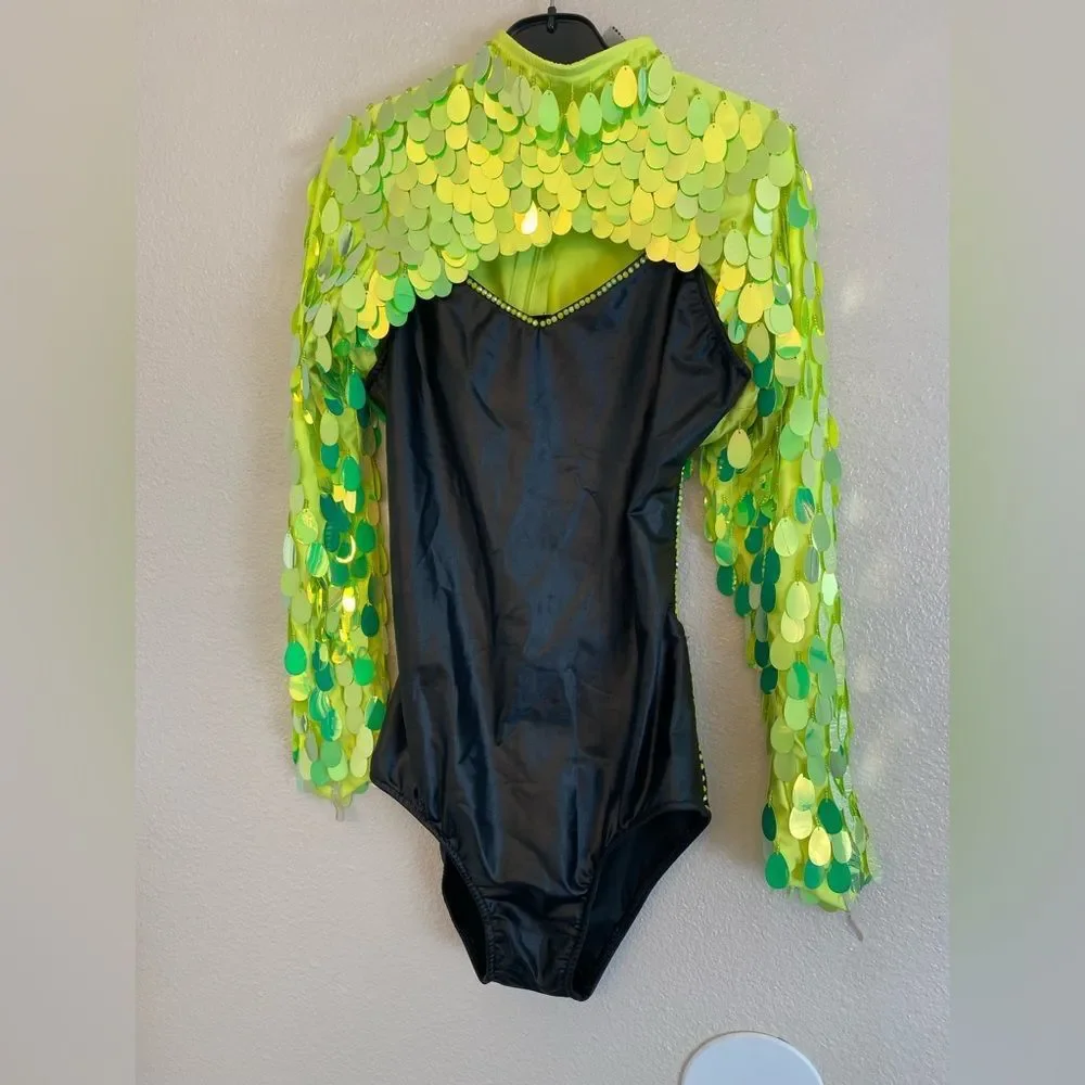 Glamour dance costume neon green leotard black green shrug fringe bling LA adult